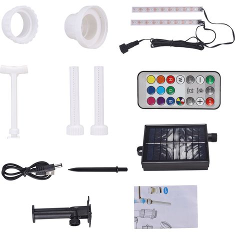 Fontaine solaire pour piscine à double jet avec cascade réglable, éclairage LED, télécommande, arrêt automatique après 2/4/6 heures. (1/5)