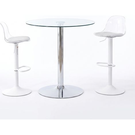 Ensemble table haute en verre avec 2 tabourets transparents, plateau rond 89 cm, sièges réglables et pivotants, pieds blancs (1/5)