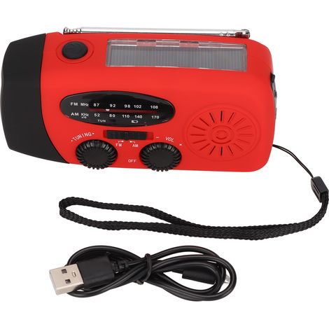 Radio de secours portable, 3 modes de recharge, dynamo, antenne télescopique, lampe torche LED 3 perles, radio météo, rouge, style européen (1/5)
