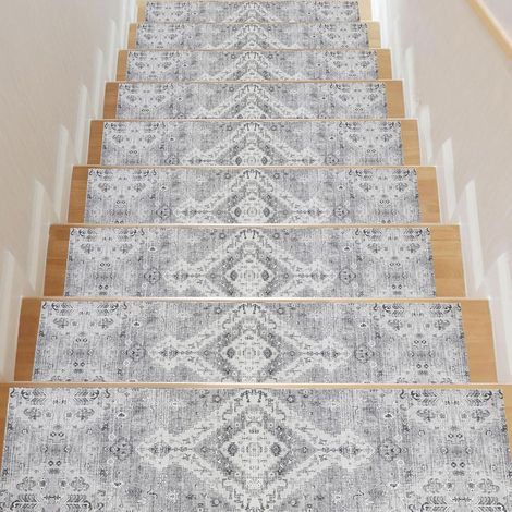 Tapis Escalier Antidérapant 76x20cm Vintage Tapis de Marchettes d'Escalier Lavable Tapis d'Escalier Intérieur Animaux de Compagnie Enfants Gris (1/5)