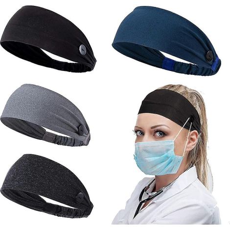 Damen-Stirnband mit Knöpfen für Gesichtsmasken und -bedeckungen, Unisex-Haarband mit elastischem Band für Krankenschwestern, Ärzte und Ohrenschutz-1-Black Gray Navy Darkgray