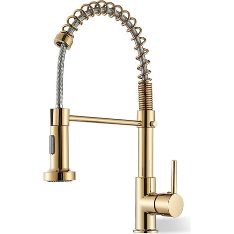 Küchenarmatur Gold Hochdruck mit Ausziehbarer Brause, 2 Strahlarten, 360° drehbar (1/5)