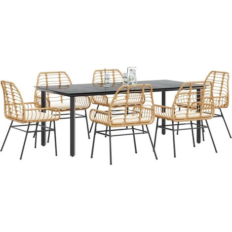 Ensemble à manger jardin coussins 7 pcs-Salon de jardin marron poly rotin verre 599068 (1/5)