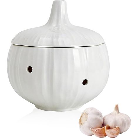 Pot À Ail, Pot À Ail En Céramique Avec Couvercle Et Trous D'aération, 111314cm Boîte À Ail En Céramique Ventilée, Respirant Récipient À Ail Pour Les Épices, Oignons, Poivrons, Gingembre, Blanc (1/5)