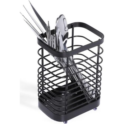 Porte-couverts - Panier à couverts - Support pour ustensiles de cuisine - Étagère à ustensiles de cuisine - Porte-baguettes - Étagère de rangement pour plan de travail - Noir - 10 x 7,5 x 15 cm - Acie (1/5)