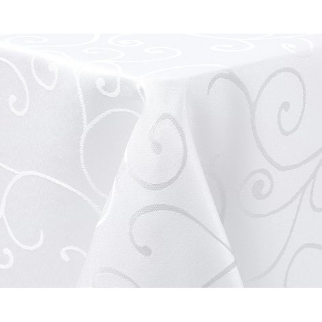 Nappe de table lavable rectangulaire 130x200cm en polyester, Jacquard, avec des ornements, résistante aux taches, facile d'entretien, blanche (1/5)
