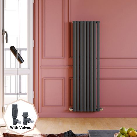 ELEGANT 1600 x 480 mm Anthracite Vertical Column Radiator Single Oval Panel Designer Bathroom Radiators + Anthracite Thermostatic Radiator Valves (1/5)