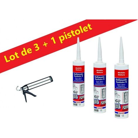 Mastic silicone spécial sanitaire, joint souple et résistant, anti-moisissure, étanche, Intérieur & Extérieur, Made In France - Blanc sans odeur - Lot de 3 + pistolet. (1/5)