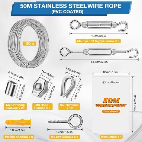 Kit de câble métallique de 50m/2mm,304 Cable Acier Inoxydable de PVC,Suspension de Guirlandes lumineuses en Extérieur,Treillis Plante Grimpante,Corde à Linge,Clôture,Cable Suspendre Kit (1/4)
