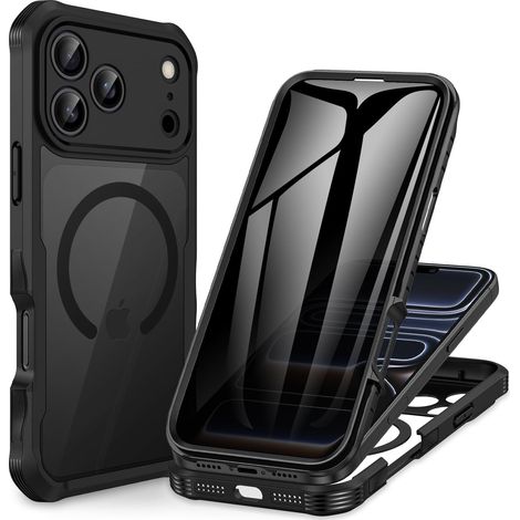 Magnétique Anti Espion Coque iPhone 17 Pro Max [Compatible avec MagSafe] intégré 9H Verre Trempé Protection écran et Protection Caméra, Antichoc Téléphone Housse Case Intégrale Etui - Noir (1/5)