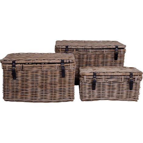 Demsy Boîte de rangement, 3 pièces en kubu gris avec poignée en cuir.
