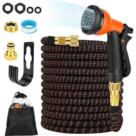 Tuyau Arrosage Extensible 30m Raccord de Robinet 1/2 et 3/4, Tête de Pulvérisation avec 8 Fonctions, avec Sac de Rangement, Support de Tuyau pour Jardin, Camping-Car, Camping (Oranges) (1/5)