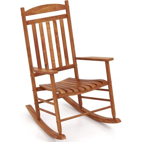 Outdoor Wood Rocking Chair w/ Stable Rocking Base & Slatted Ergonomic Seat