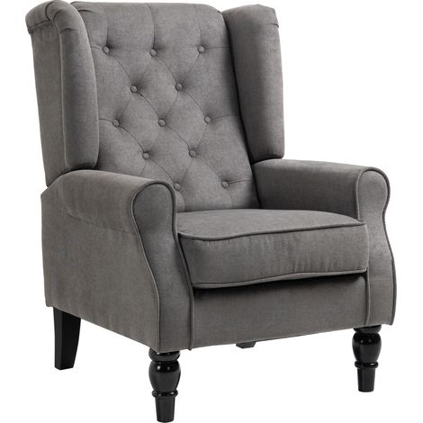 Fauteuil Vintage à Oreilles Gris Noir Capitonnage Boutons Pieds Bois (1/5)