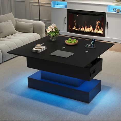 Table basse relevable 100x50x51,5 cm en panneaux de bois noir, avec rangement pour salon FloraGrace (1/5)