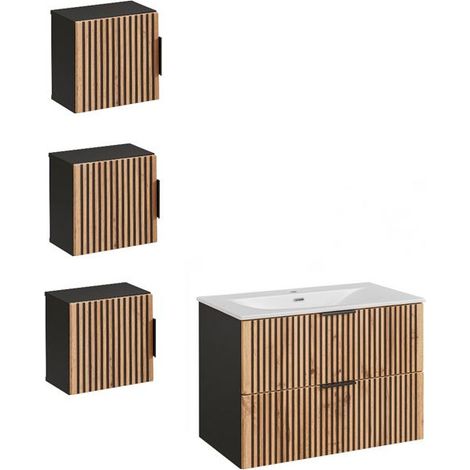 Ensemble meuble vasque à encastrer + 3 éléments - 80 cm - Sylve Black Wotan - Livraison gratuite