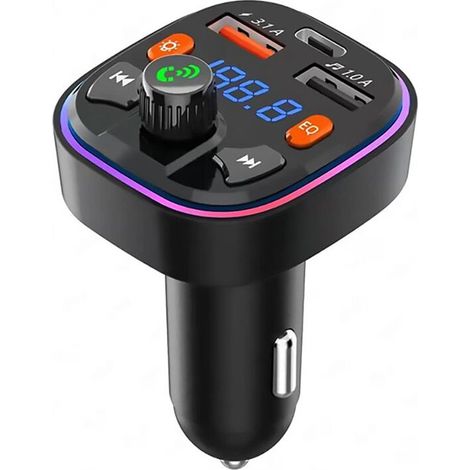 Transmisor FM para coche - Puerto USB doble y cargador de coche PD Tipo-C, espejo retrovisor LED de 7 colores, reproductor de música MP3 (1/5)