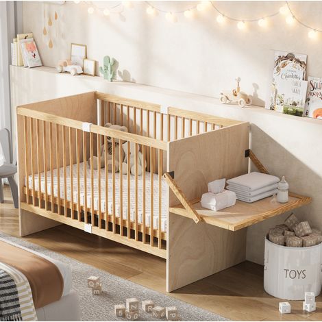 Lit bébé 140x70 cm en bois naturel, table à langer pliante, gain de place, sans matelas – MEUBLIV (1/5)