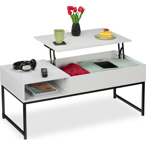 Relaxdays Tavolino da Salotto Contenitore, Tavolo Basso da Caffè con Scomparto Portaoggetti, HLP: 45x110x50 cm, Bianco