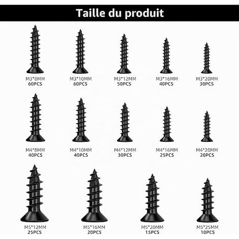 Vwoqiy 465 Pcs M3 M4 M5 Vis Autoforeuse Metal, Vis Autotaraudeuses Auto-foreuses, Visser à Bois, Visser à Six Pans Creux à Tête Plate à Tôle à Tête Fraisée Autotaraudeses, avec 3 Embouts (1/4)