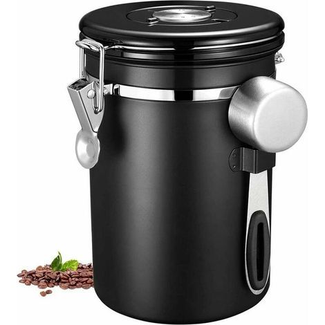 Canister, Airtight Stainless Steel Kitchen Food Storage Container with Date Tracker and Scoop for Grounds Coffee, Beans, Flour, Cereal, Sugar, 1.8L, Black (1/5)