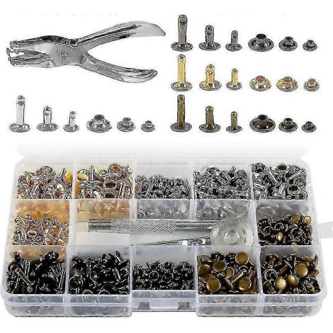 Ensemble de 360 rivets pour cuir à double tête, rivets tubulaires métalliques de 3 tailles avec pince à poinçonner et 3 outils de fixation pour la réparation du cuir, rivets de remplacement Decora (1/5)