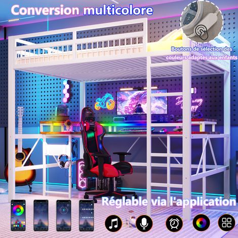 Lit surélevé 140x200 cm, structure métallique blanc, liseuse LED multicolore intégrée, bureau fixe, 1x port USB + 1x Type-C + 2x prises, panneau à accrochage, sans sommier ni matelas