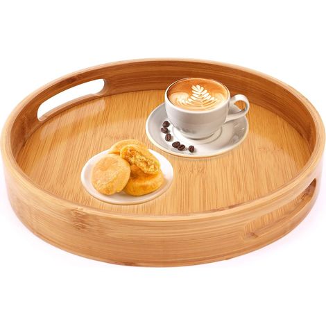 Plateau De Service En Bambou - Ronde - 30 X 30 X 4 Cm - Poignées Intégrées - Pour Café Vin Thé Fruits Repas - 1 Pièce (1/5)