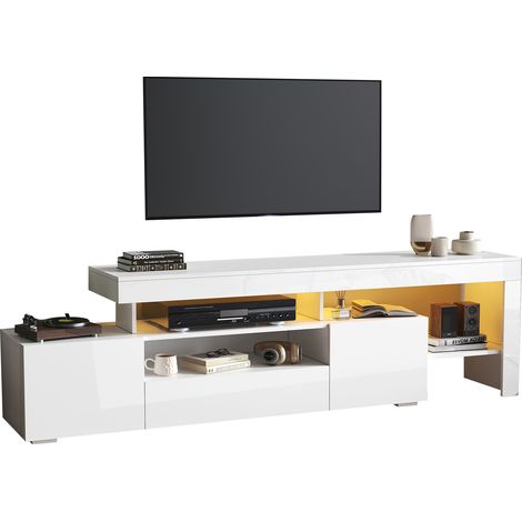 Mueble TV con 3 Puertas Abatibles, Estantes Abiertos y LED, Frente Brillante, para Salón, 192×37×53 cm, Blanco (1/5)