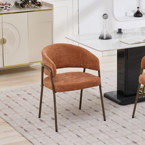 Silla de comedor de chenilla naranja con reposabrazos, patas metalicas efecto laton envejecido, 1 pieza,57×54.5×79.5cm (1/5)