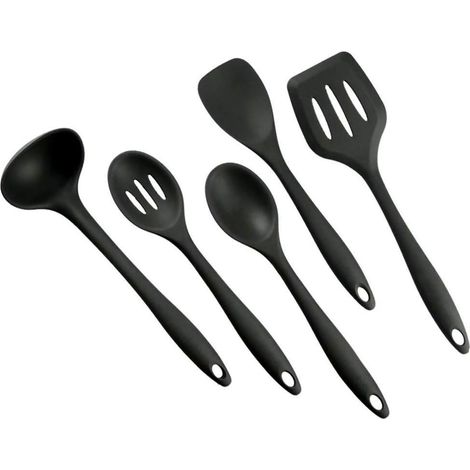 Set di utensili da cucina in silicone senza BPA: cucchiaio, mestolo e spatola - Lavabili in lavastoviglie - Antiaderenti - Resistenti al calore (5 pezzi, nero)