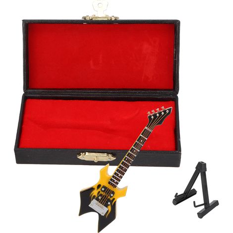 Guitare miniature en bois, modèle de guitare simulé, décoration musicale, ornement jaune, instrument factice pour étagère, collection, cadeau. (1/5)