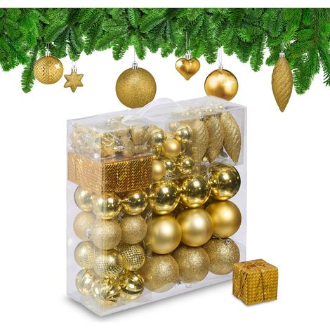 Relaxdays Christmas Baubles, Set of 110, Glittery, Matt & Shiny Ornaments, Plastic Decorations, HxD: 9 x 8 cm, Gold (1/5)