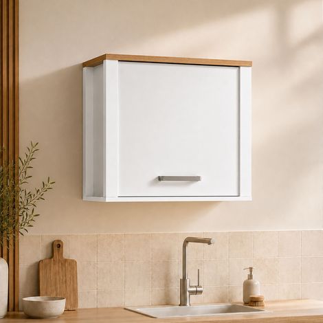 Meuble haut de cuisine 1 porte 70x60x60 cm blanc et chêne (1/5)