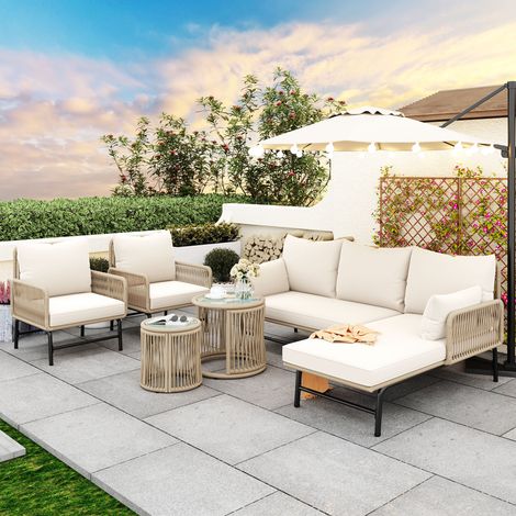 LINHOO Salon de Jardin avec 2 Canapés 2 Places, 2 Fauteuils et 2 Tables, Corde Tressée et Structure Métal, Beige (1/5)