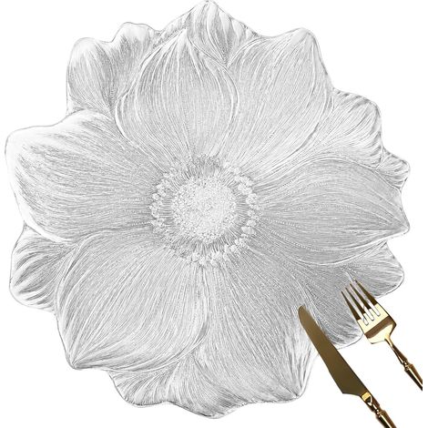 Set de 6 sets de table ronds 39 cm, vinyle métallisé argenté, motif fleur de lotus pressée. (1/5)