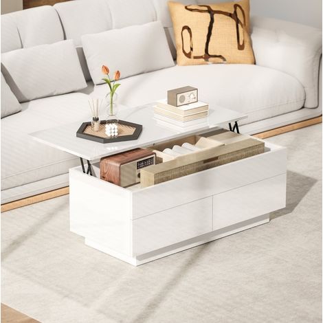 Table basse relevable 102x48x40 cm blanc brillant en bois et métal avec rangement dissimulé et 2 tiroirs (1/2)