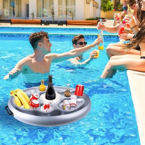 Porte-Boissons Flottant - Gonflable PVC - Pour Piscine Plage Spa - 8 Emplacements - Argent (1/5)