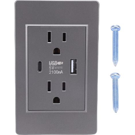 Prise murale avec port USB et type C 15A PC prise électrique ignifuge pour la maison prise américaine grise (1/5)