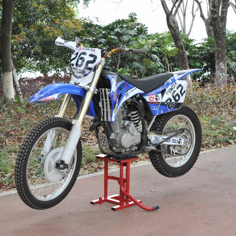 Support moto surélevé, béquille d'atelier réglable pour cross, enduro, supermotard, rouge/noir, robuste et stable (1/5)