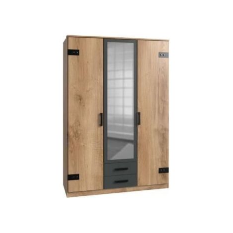 Armoire CORFOU - Décor Chene et gris anthracite + Miroir - 3 portes battantes - 2 tiroirs - L135 x P58 x H199 cm (1/5)