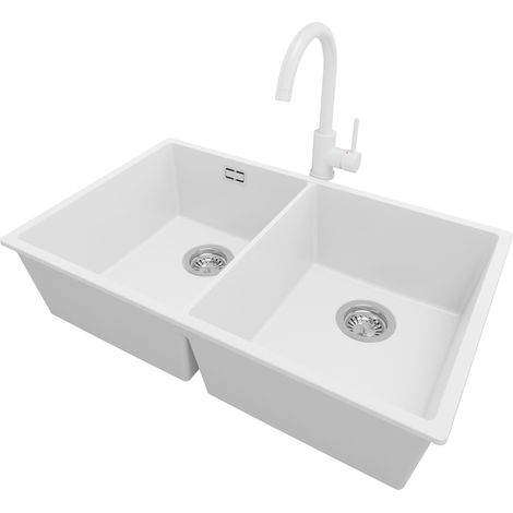 PRIMAGRAN Evier Cuisine en Granit 76x47cm, Lavabo 2 bacs + Robinet 32x20cm + Kit de Vidage, Évier à Encastrer au meuble 80cm - London Slim Twin, Blanc (1/5)