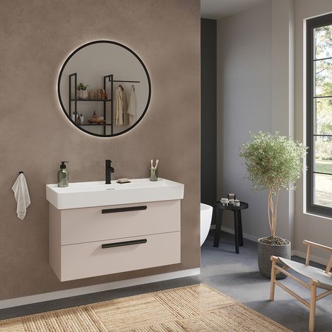 Badmöbel Set 2-teilig Waschtisch in Beige, Spiegel rund mit LED Beleuchtung - ATELLA-03 (1/5)