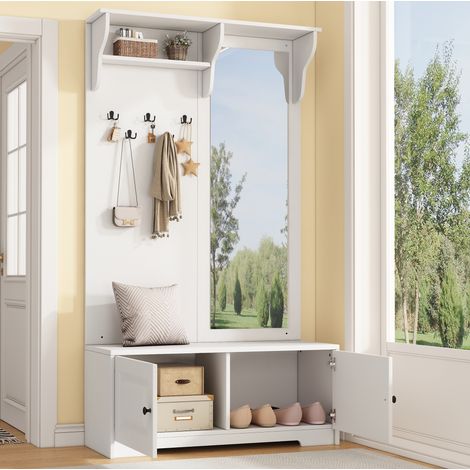 MEUBLIV Garderobe 100x40x180 cm Weiß – Spiegel, 5 Haken und Schuhschrank (1/5)