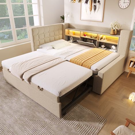 Lit Gigogne 90×200 cm et 90×190 cm, Lit Simple avec LED Réglable, USB et Type C, sans Matelas, en Lin, Beige (1/5)
