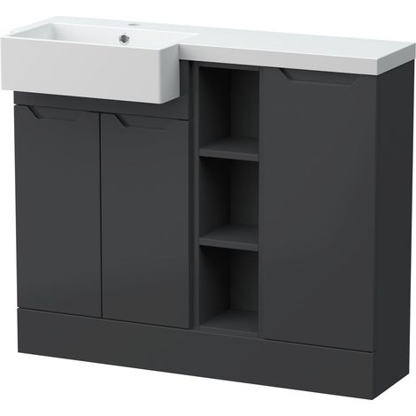 Teddesley Floor Standing Compact 3 Door Combination Vanity Basin Unit with Open Shelves and Basin, 1000mm, Left Hand, Dark Grey