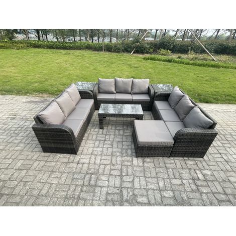 Fimous 10-Sitzer Polyrattan Gartenmöbel Set Patio Sofa Set mit Couchtisch 2 Beistelltischen 2 Großer Hockern Dunkelgrau Gemischt (1/5)
