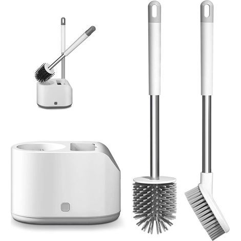 Brosse Toilette Silicone, 2PCS Brosse WC Silicone avec Support de Séchage Rapide, Brosse Nettoyage Salle de Bain avec Poignée en Plastique Antidérapante, Ensembles pour la Salle de Bain (1/5)