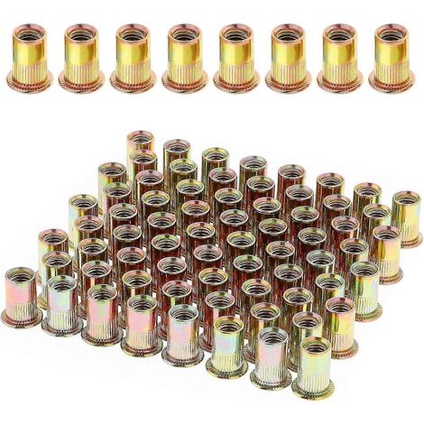 Lot de 100 écrous à sertir M6 à tête plate, en acier au carbone zingué, assortiment d'inserts filetés M6 pour métal et plastique (12 mm). (1/5)
