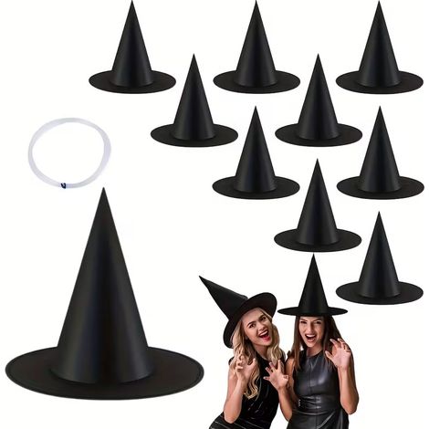 12 schwarze Hexenhüte für Halloween zum Aufhängen, ideal zum Dekorieren von Veranda oder Terrasse. (1/5)
